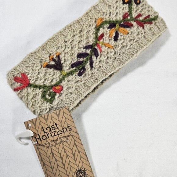 Lost Horizons Handcrafted Knit Wool Fleece Lined Oat Natural Floral Headband - Picture 1 of 8